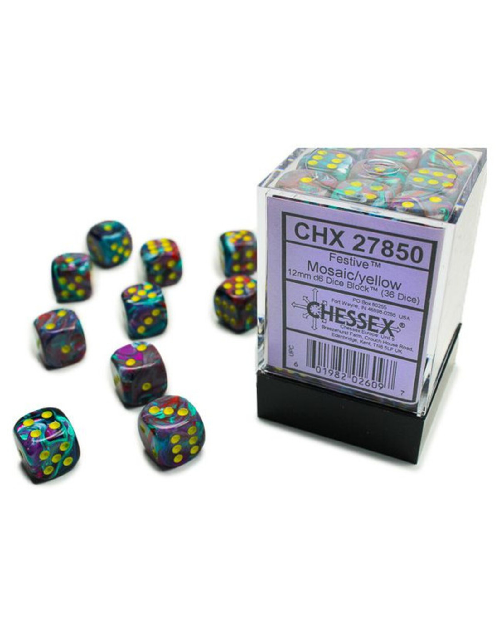 Chessex d6 Cube 12mm Festive Mosaic with Yellow (36)
