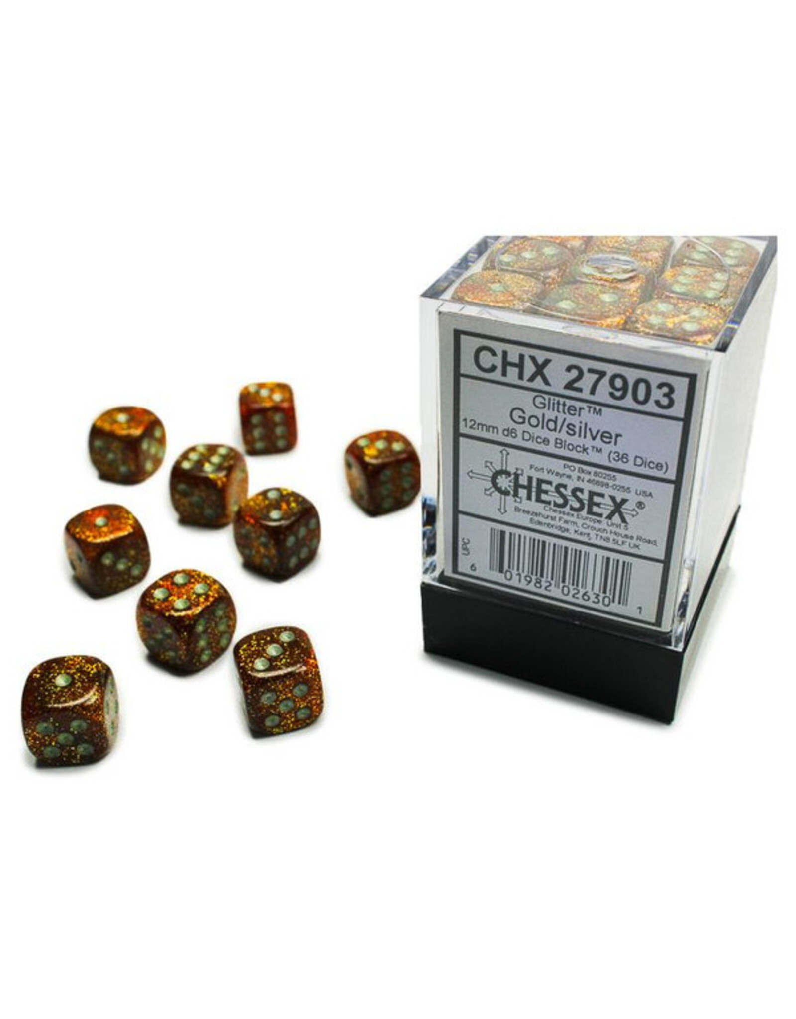 Chessex d6 Cube 12mm Glitter Gold with Silver (36)