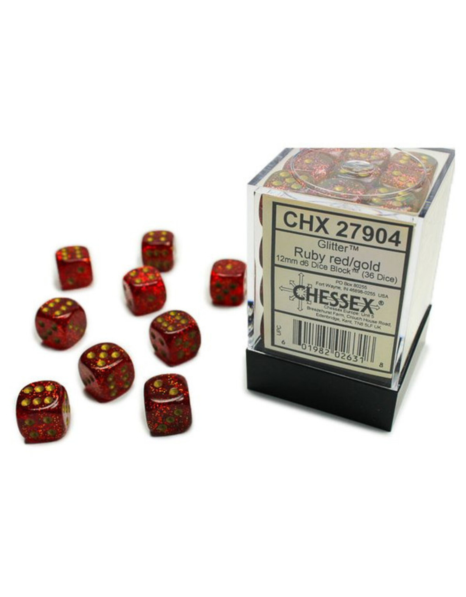 Chessex d6 Cube 12mm Glitter Ruby with Gold (36)