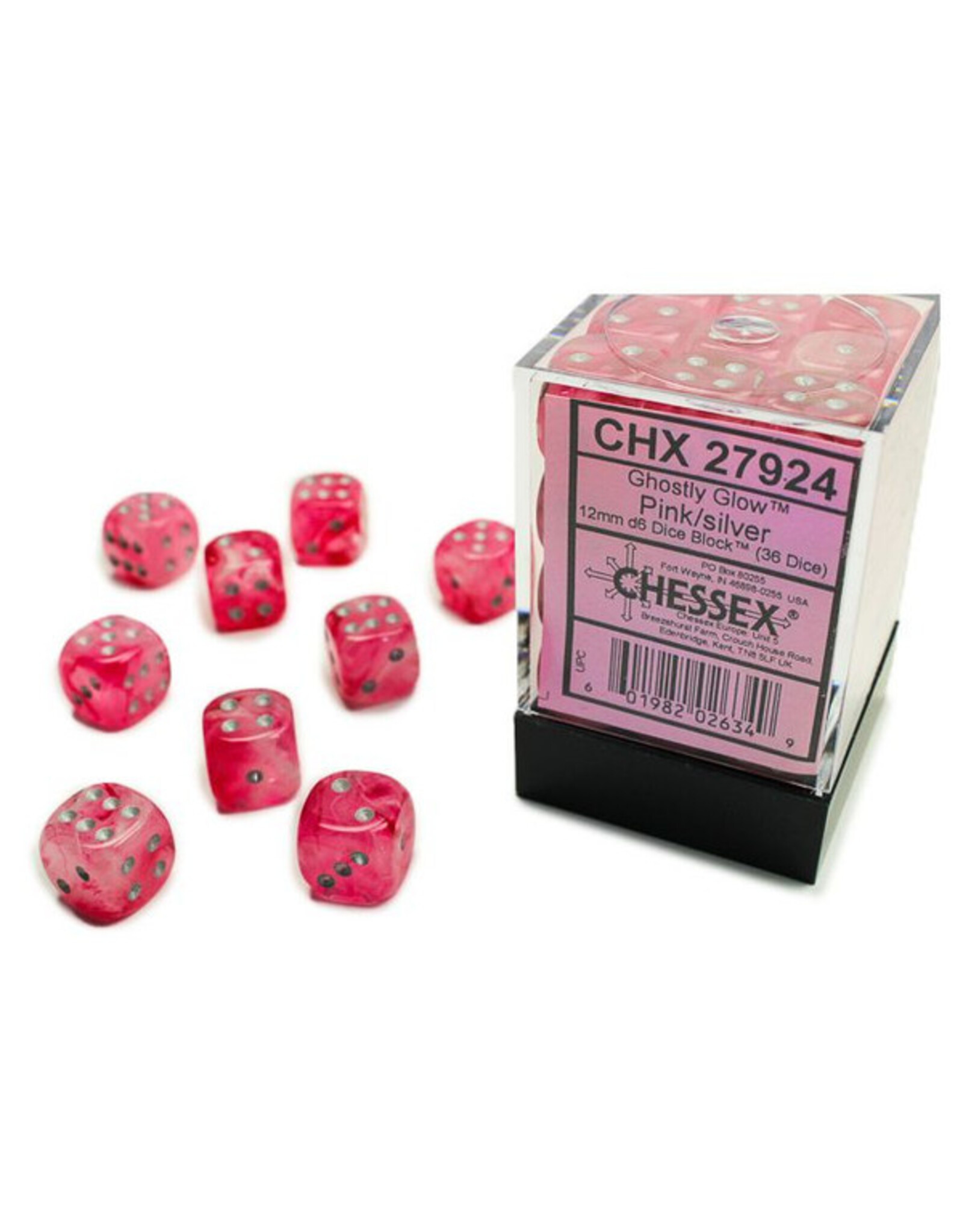 Chessex d6 Cube 12mm Ghostly Glow Pink with Silver (36)