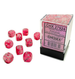 Chessex d6 Cube 12mm Ghostly Glow Pink with Silver (36)