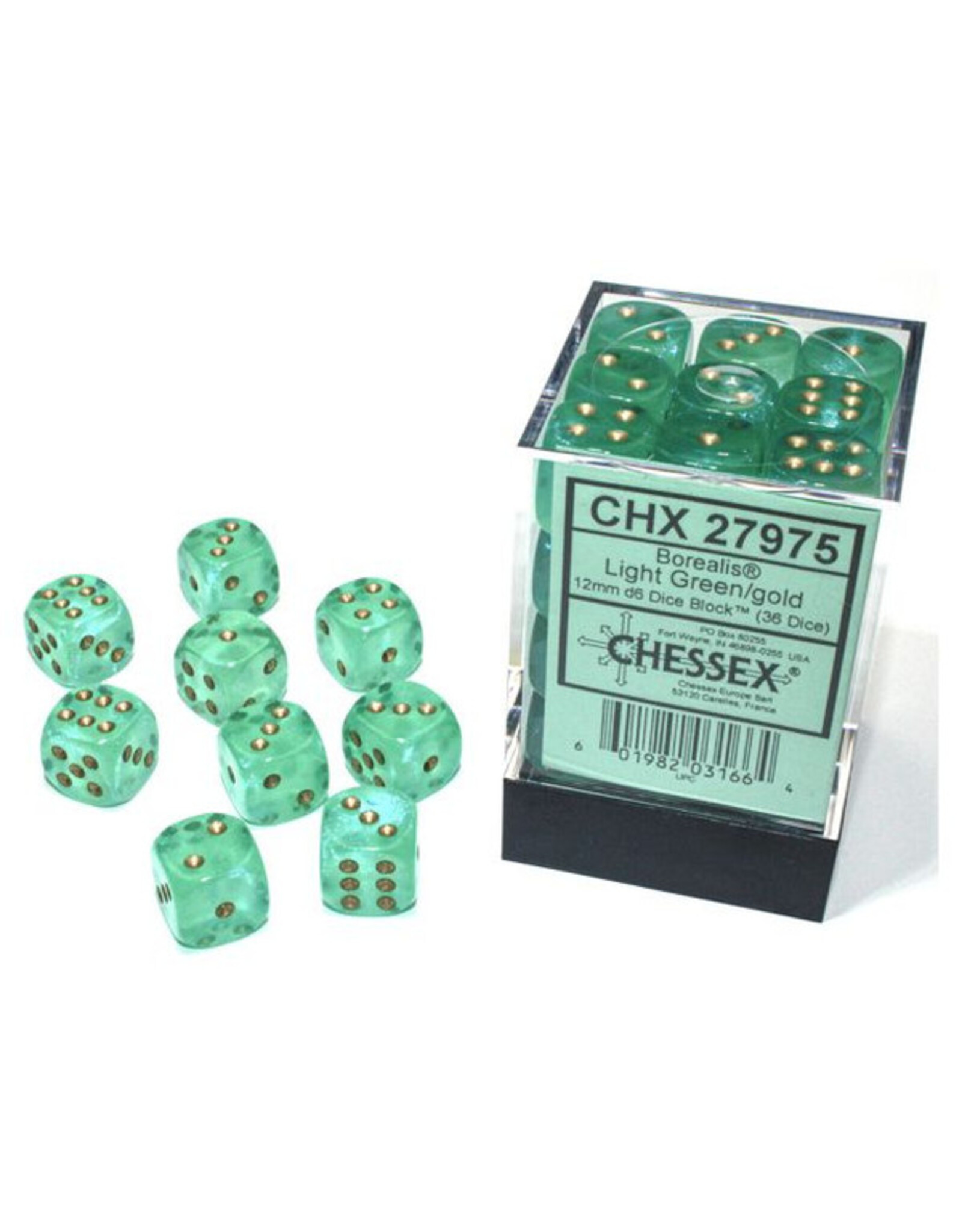 Chessex d6 Cube 12mm Borealis Luminary Light Green with Gold (36)