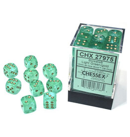 Chessex d6 Cube 12mm Borealis Luminary Light Green with Gold (36)