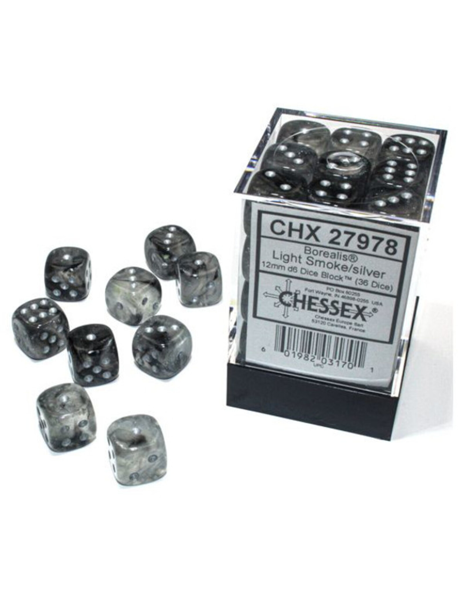 Chessex d6 Cube 12mm Borealis Luminary Light Smoke with Silver (36)