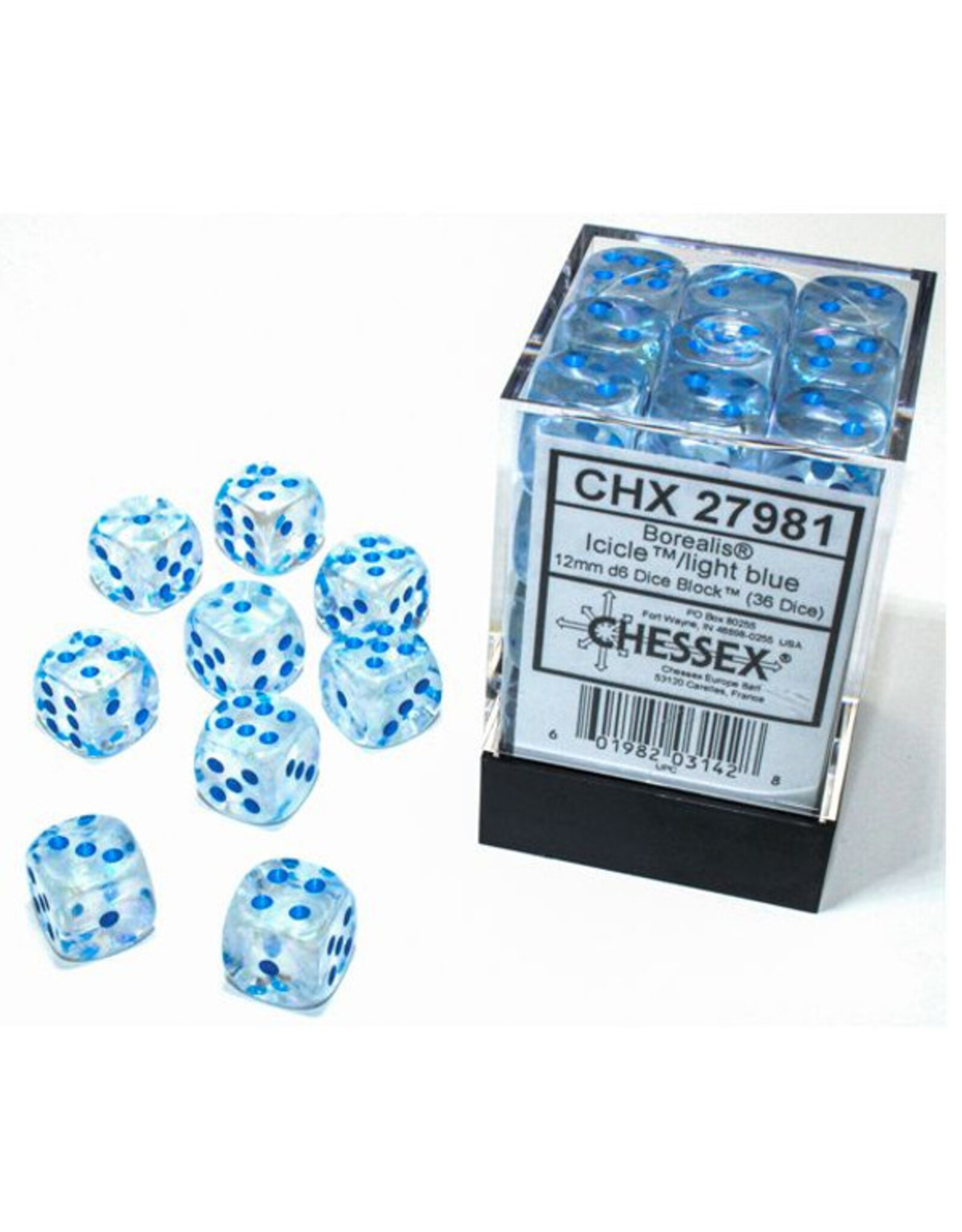 Chessex d6 Cube 12mm Borealis Luminary Icicle with Light Blue (36)
