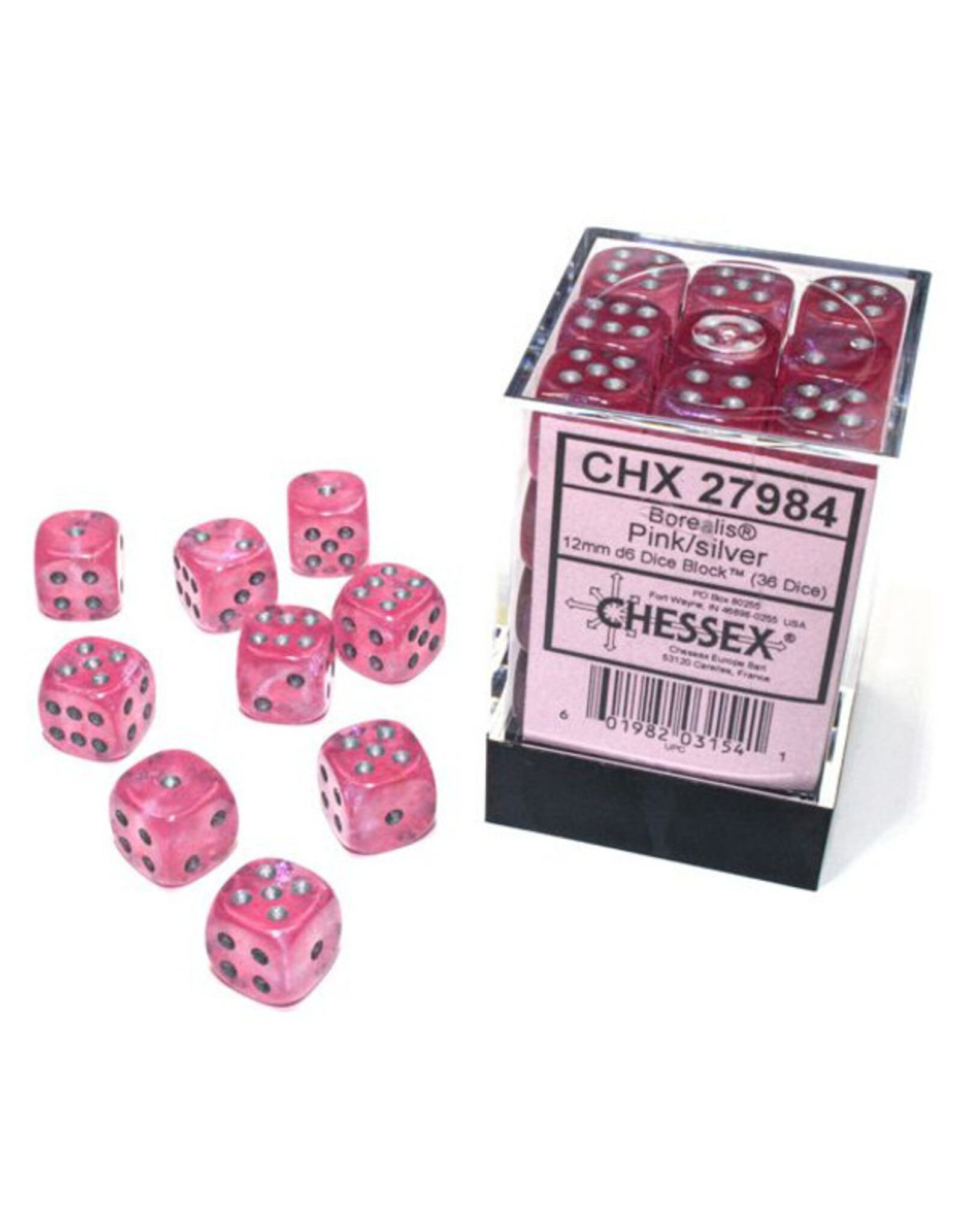 Chessex d6 Cube 12mm Borealis Luminary Pink with Silver (36)