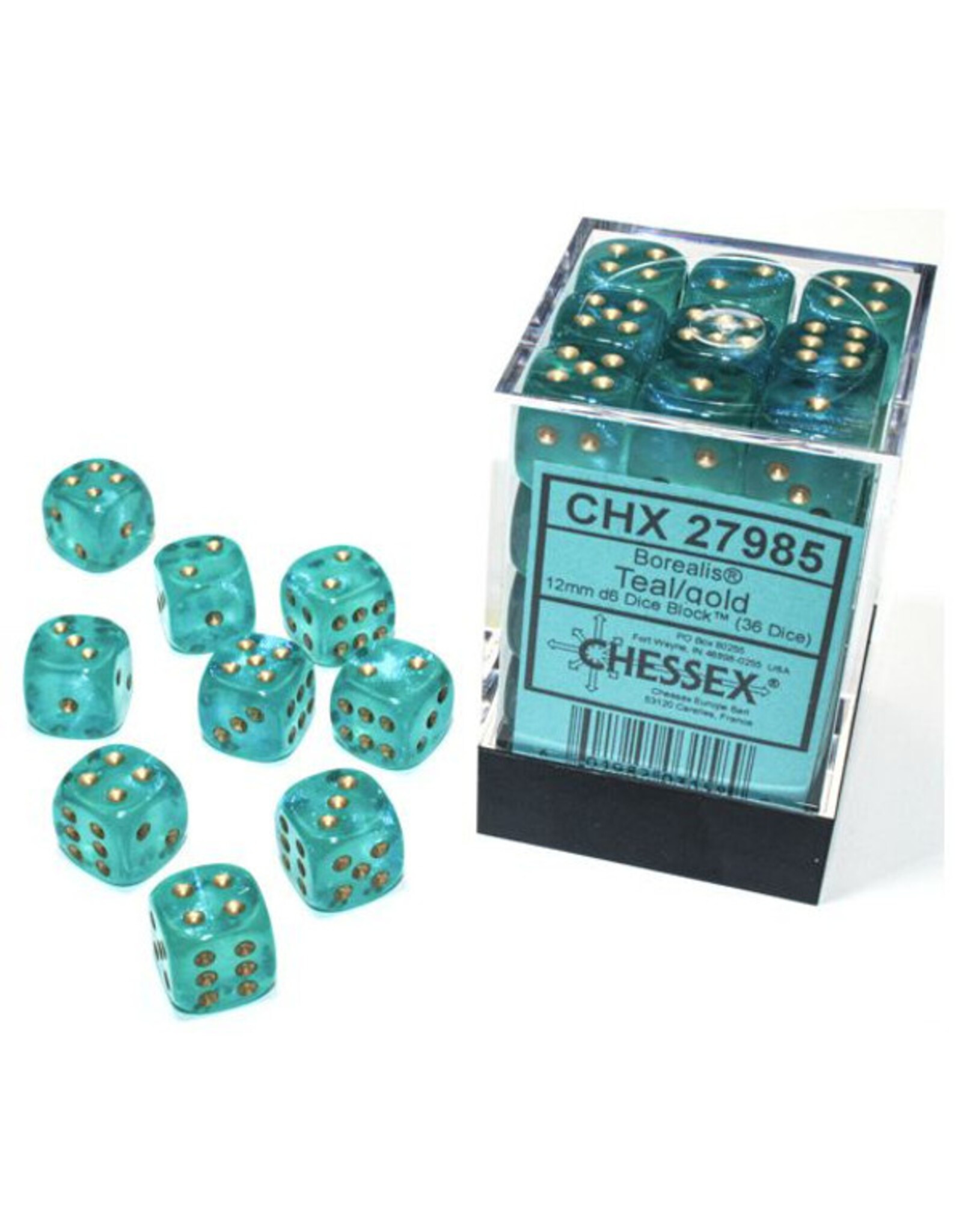 Chessex d6 Cube 12mm Borealis Luminary Teal with Gold (36)
