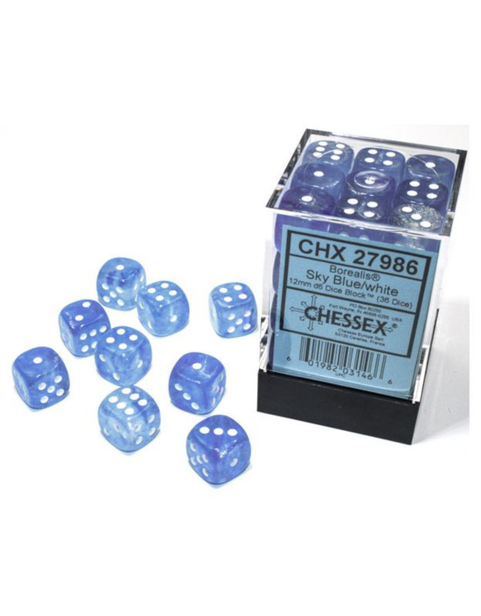 Chessex d6 Cube 12mm Borealis Luminary Sky Blue with White (36)
