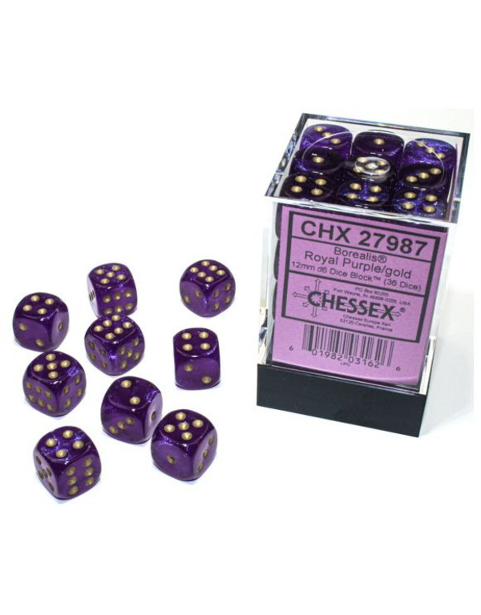 Chessex d6 Cube 12mm Borealis Luminary Royal Purple with Gold (36)