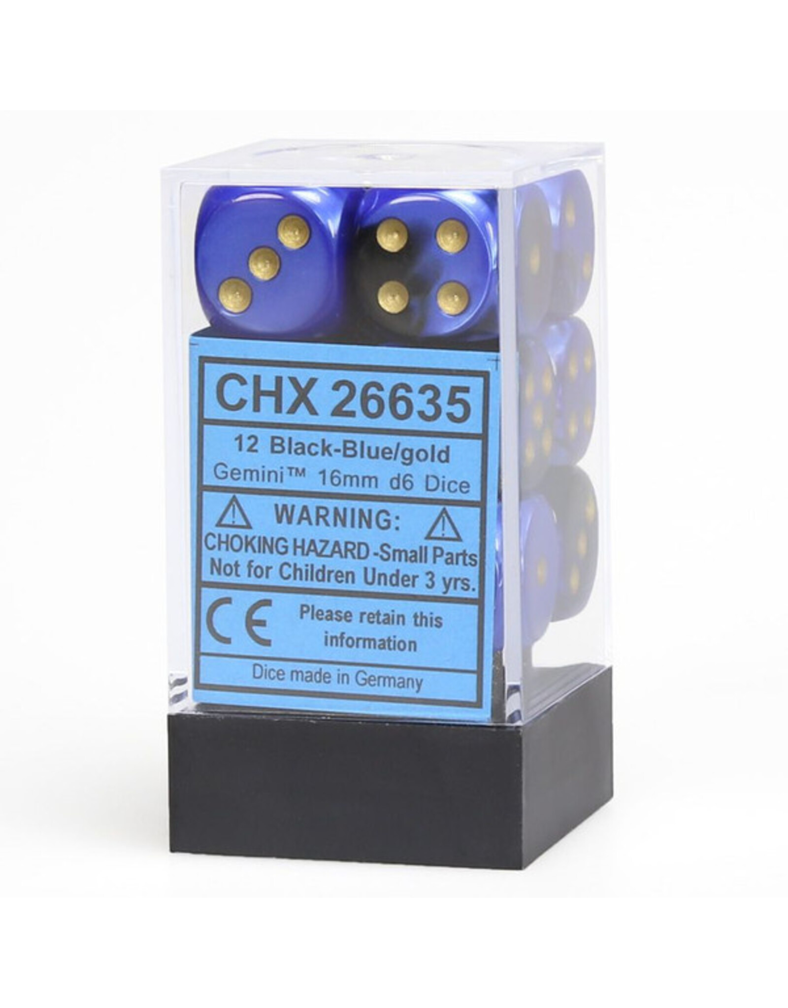 Chessex d6 Cube 16mm Gemini Black and Blue with Gold (12)