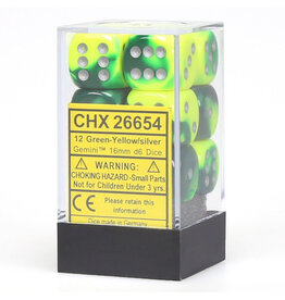 Chessex d6 Cube 16mm Gemini Green and Yellow with Silver (12)