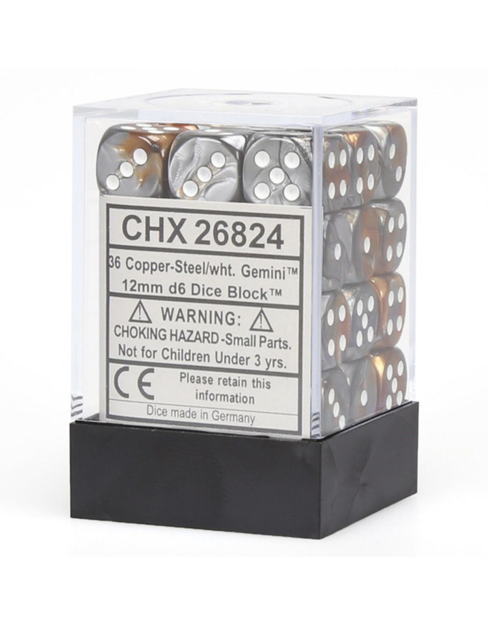 Chessex d6 Cube 12mm Gemini Copper and Steel with White (36)