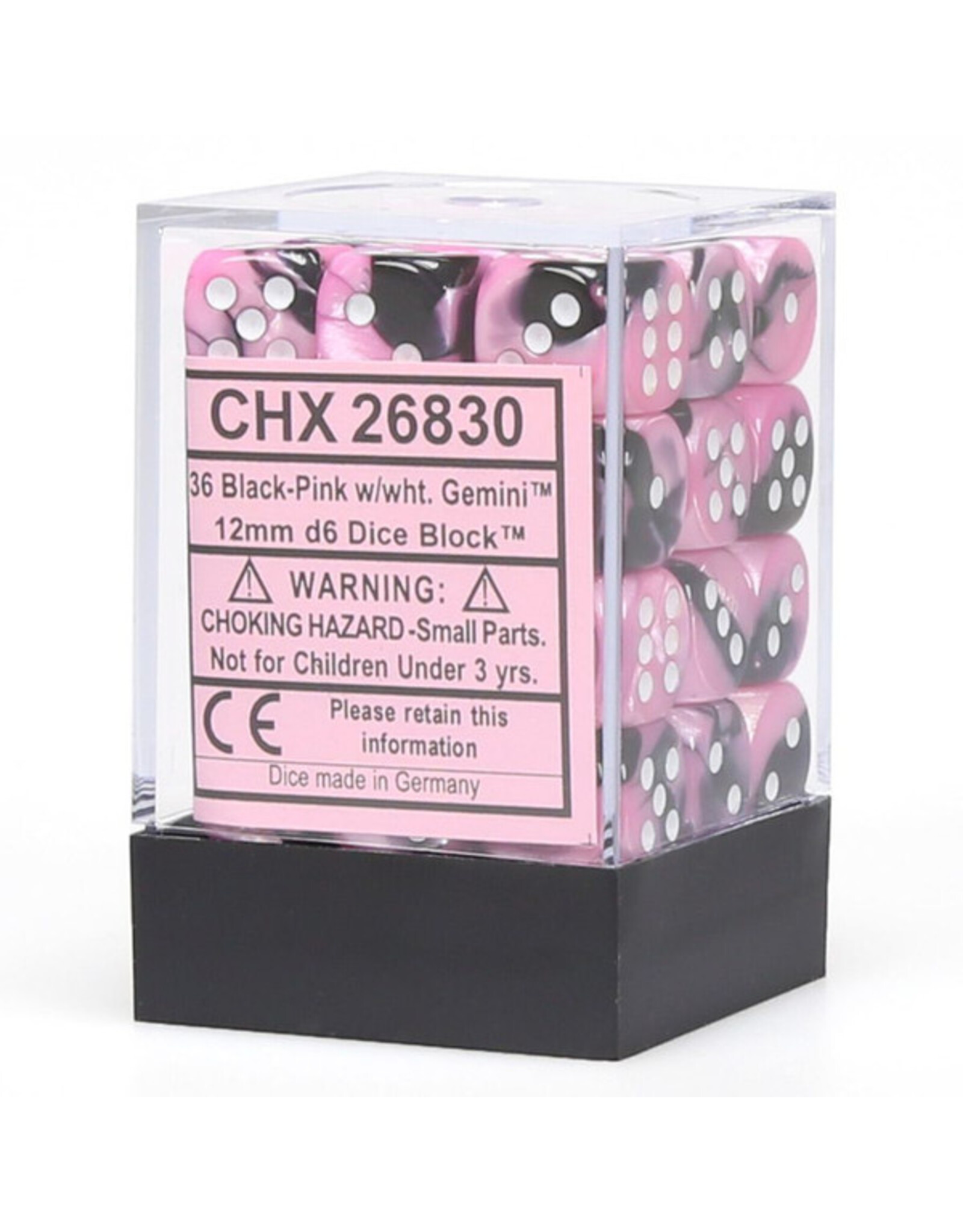 Chessex d6 Cube 12mm Gemini Black and Pink with White (36)