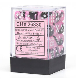 Chessex d6 Cube 12mm Gemini Black and Pink with White (36)