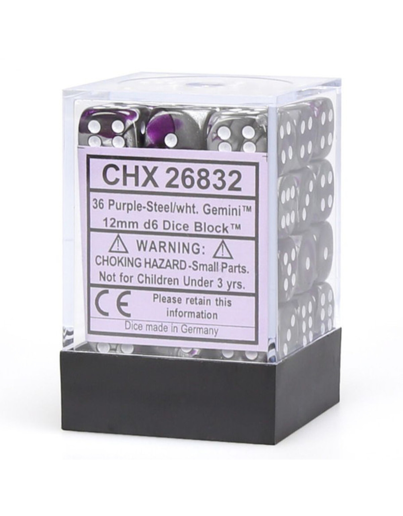 Chessex d6 Cube 12mm Gemini Purple and Steel with White (36)