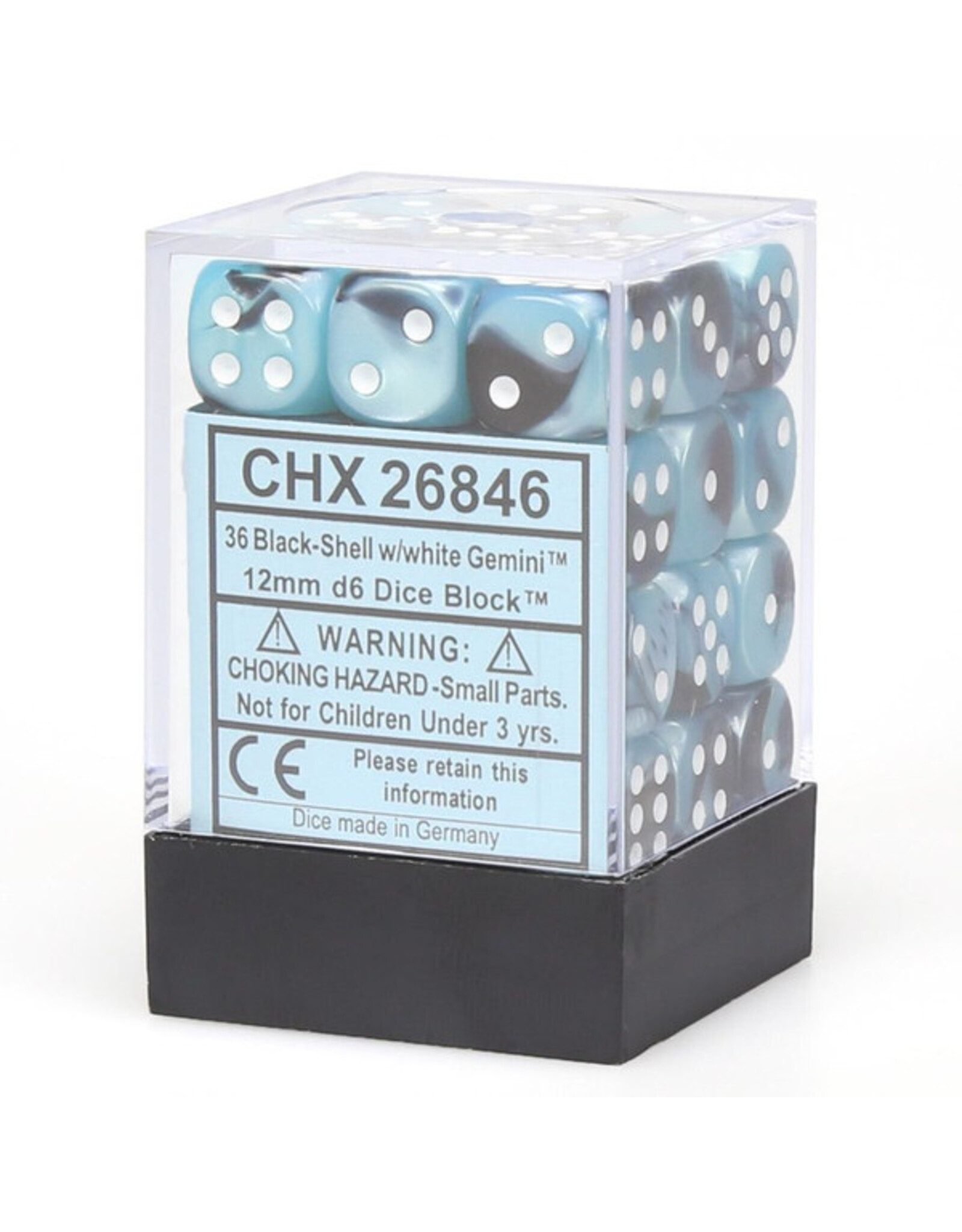 Chessex d6 Cube 12mm Gemini Black and Shell with White (36)
