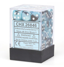 Chessex d6 Cube 12mm Gemini Black and Shell with White (36)