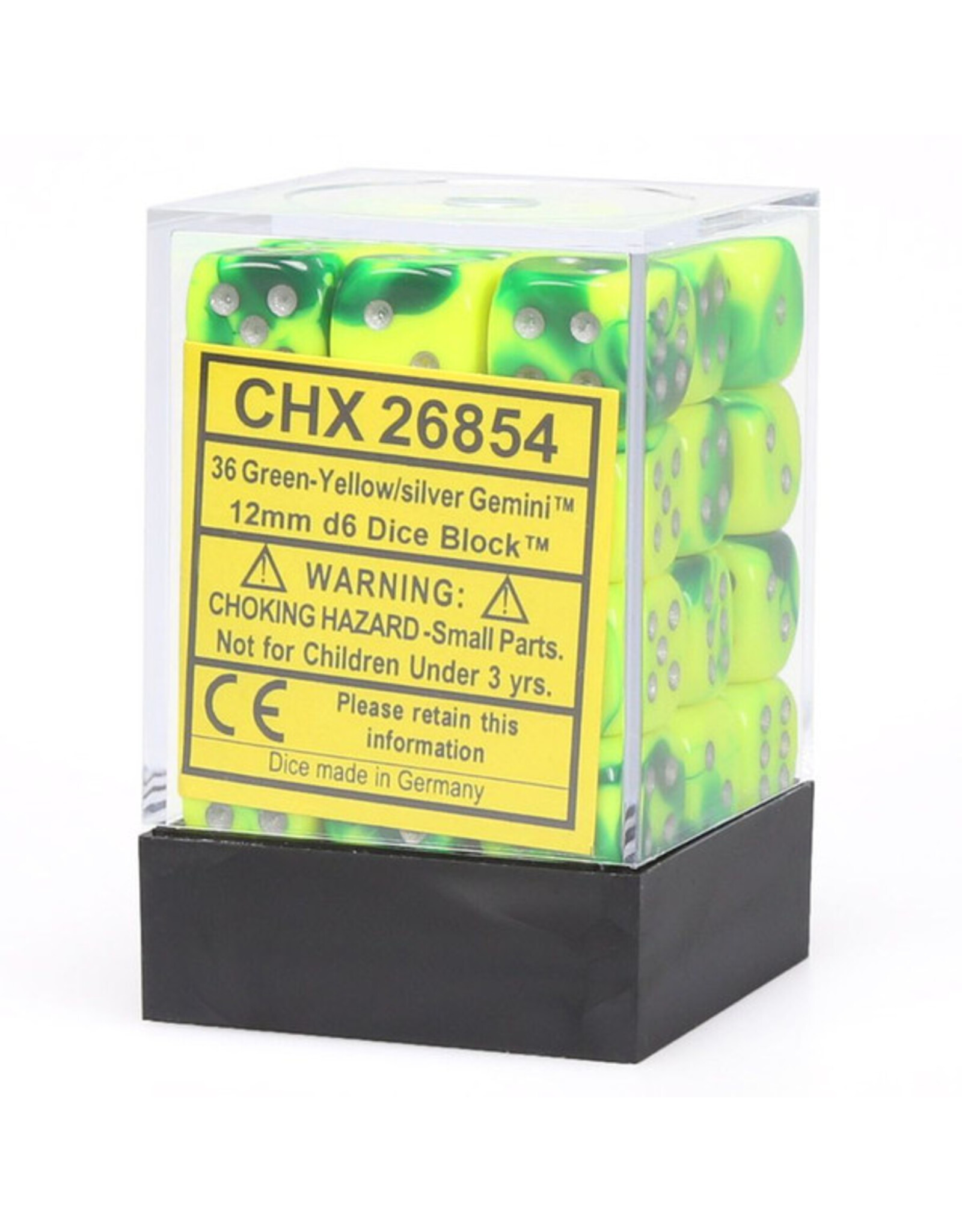 Chessex d6 Cube 12mm Gemini Green and Yellow with Silver (36)