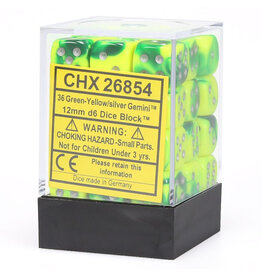 Chessex d6 Cube 12mm Gemini Green and Yellow with Silver (36)