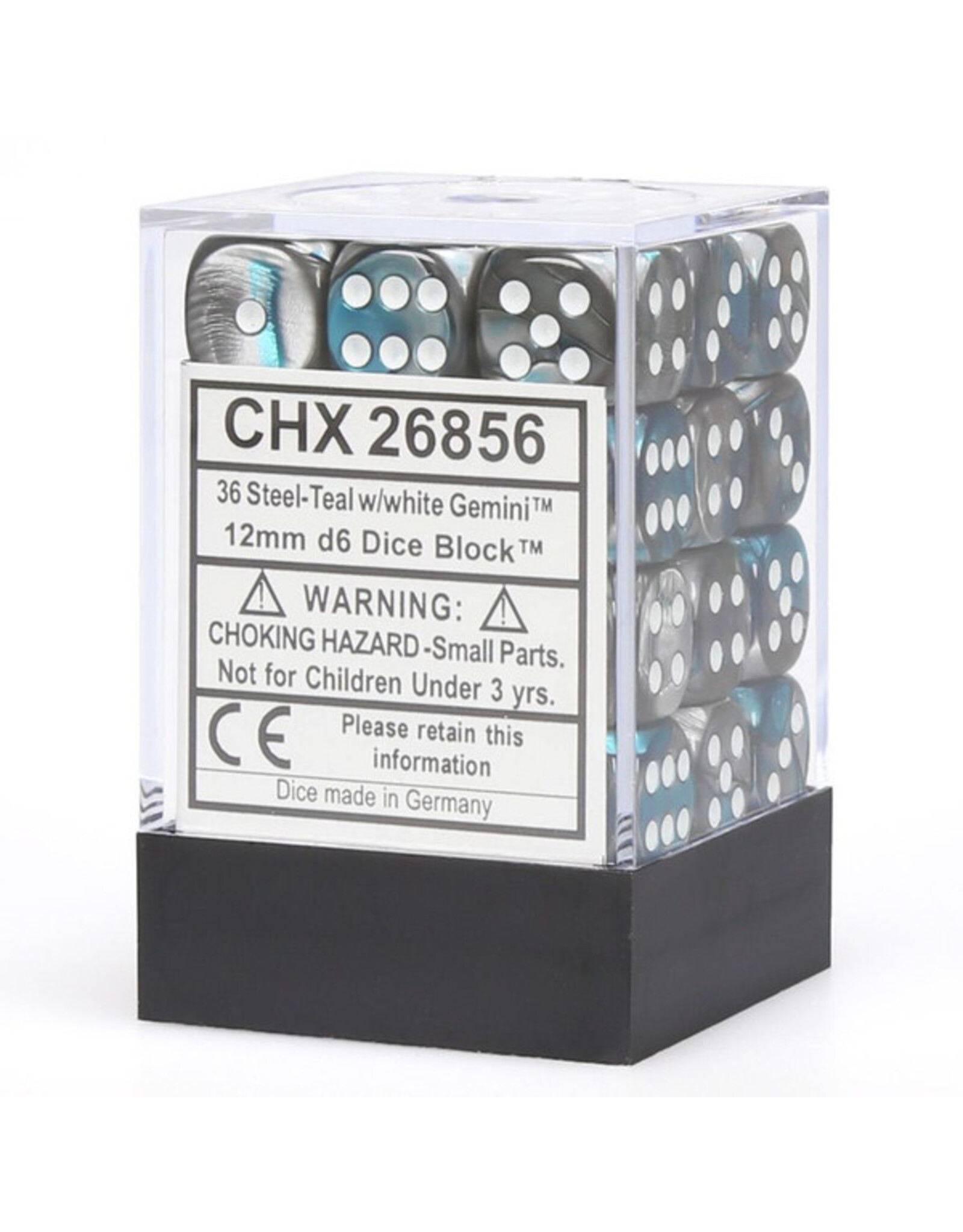 Chessex d6 Cube 12mm Gemini Steel and Teal with White (36)