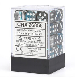 Chessex d6 Cube 12mm Gemini Steel and Teal with White (36)