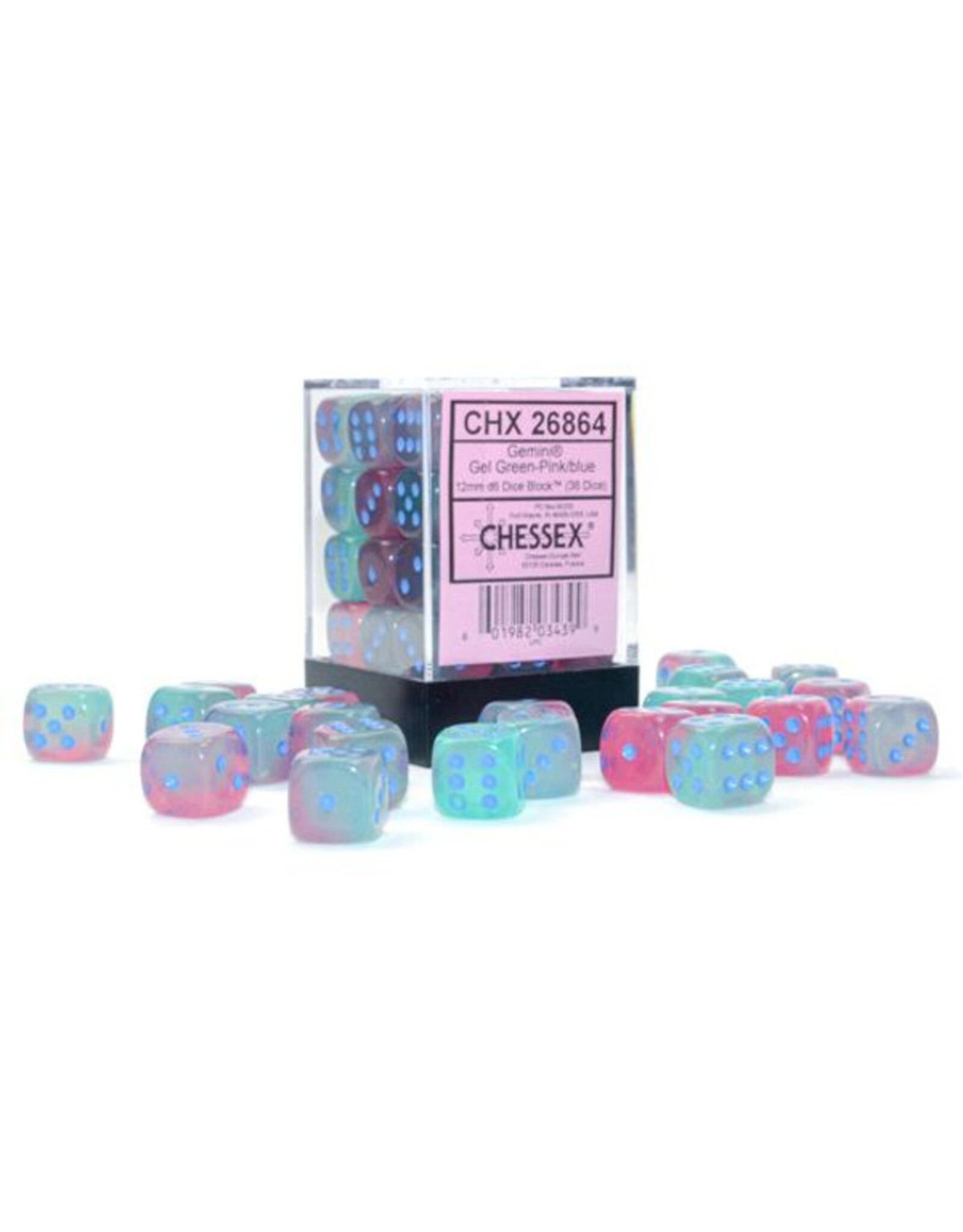 Chessex d6 Cube 16mm Gemini Luminary Gel Green-Pink with Blue (36)