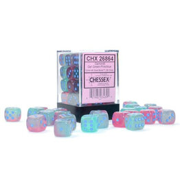 Chessex d6 Cube 16mm Gemini Luminary Gel Green-Pink with Blue (36)