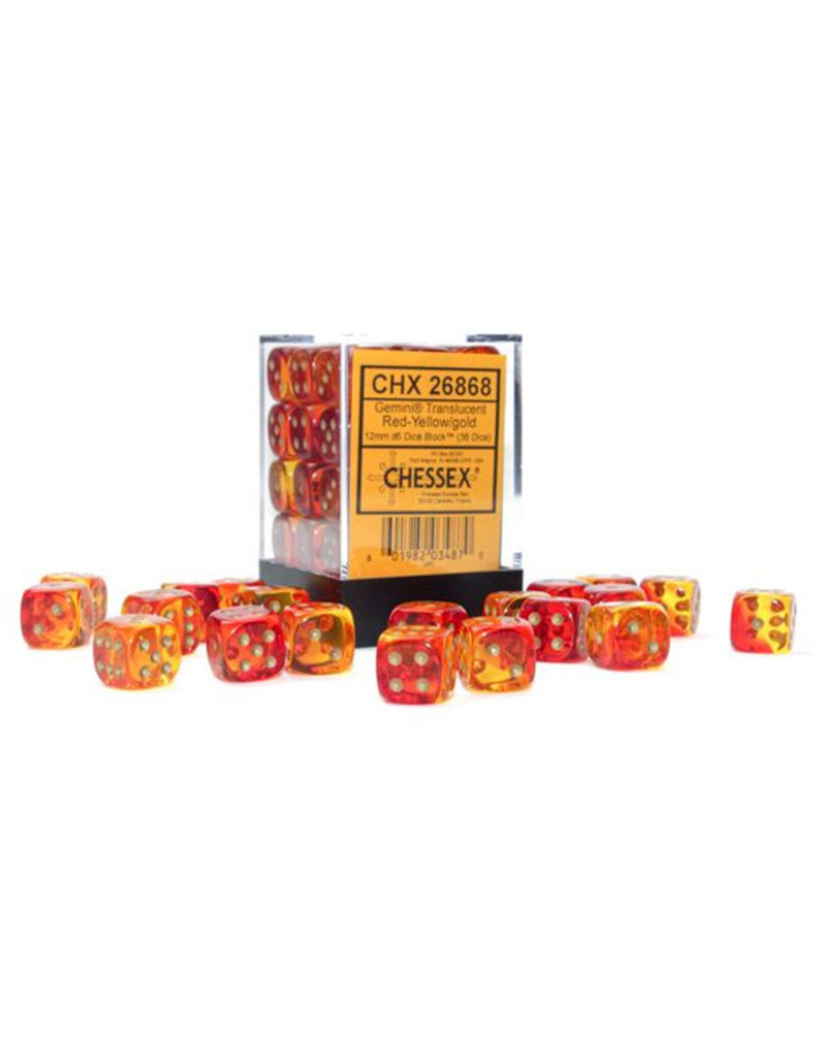 Chessex d6 Cube 12mm Gemini Translucent Red-Yellow with Gold (36)