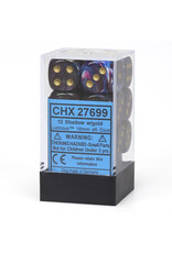 Chessex d6 Cube 16mm Lustrous Shadow with Gold (12)