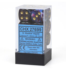 Chessex d6 Cube 16mm Lustrous Shadow with Gold (12)