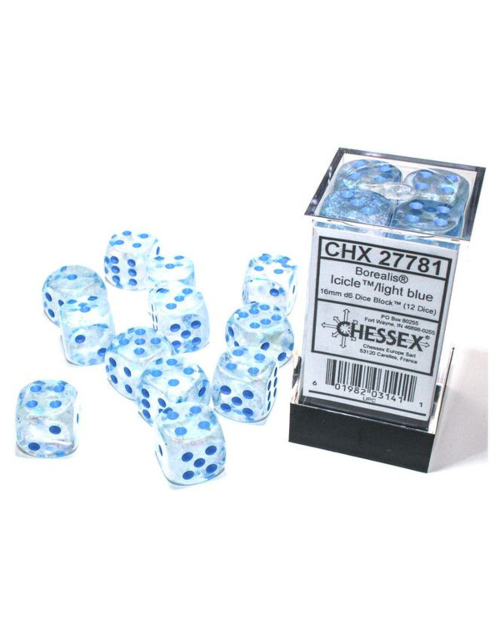 Chessex d6 Cube 16mm Borealis Luminary Icicle with Light Blue (12)