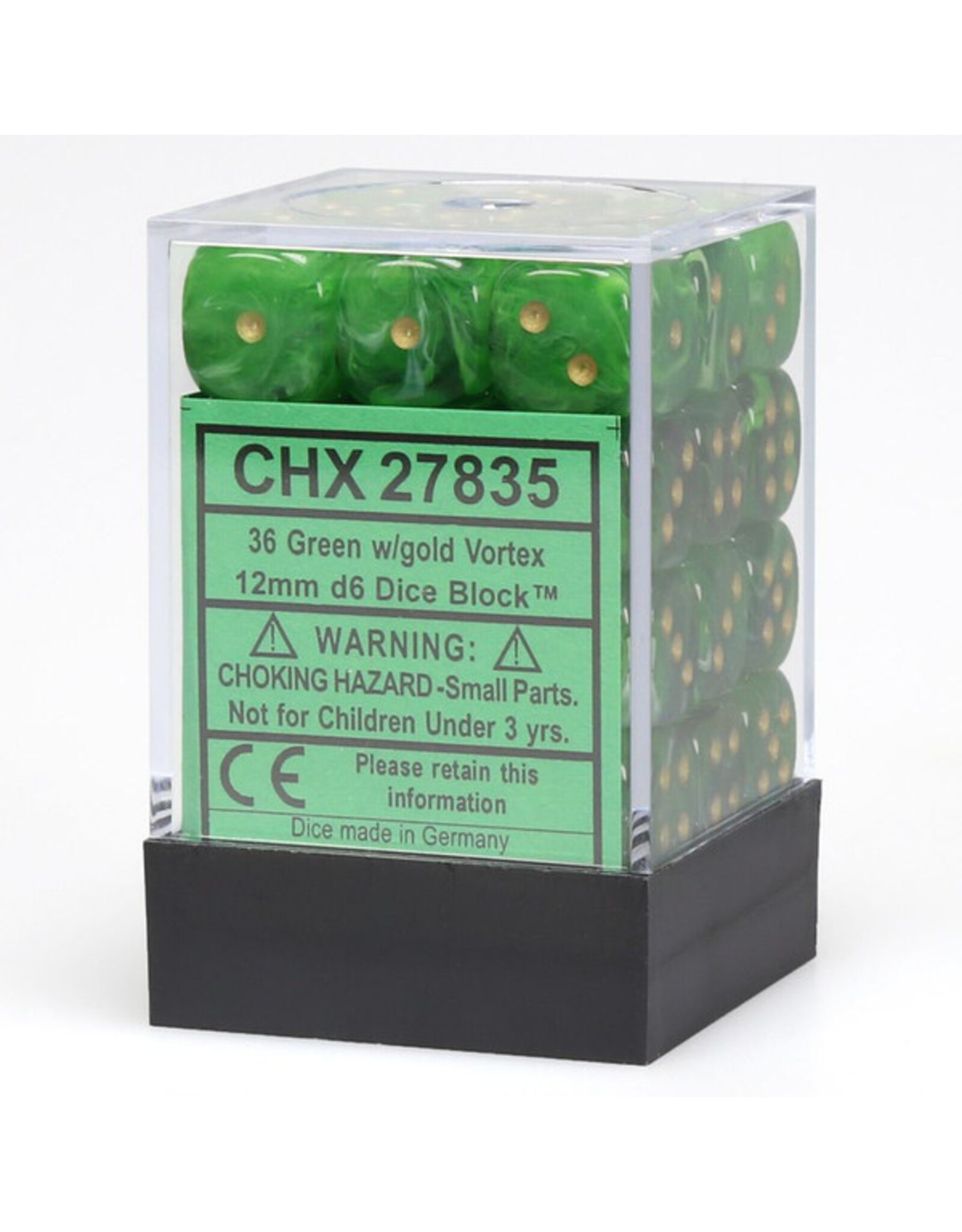 Chessex d6 Cube 12mm Vortex Green with Gold (36)