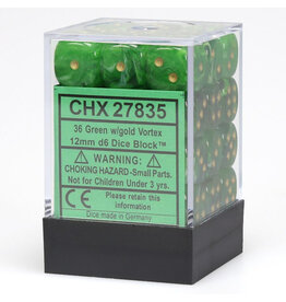 Chessex d6 Cube 12mm Vortex Green with Gold (36)