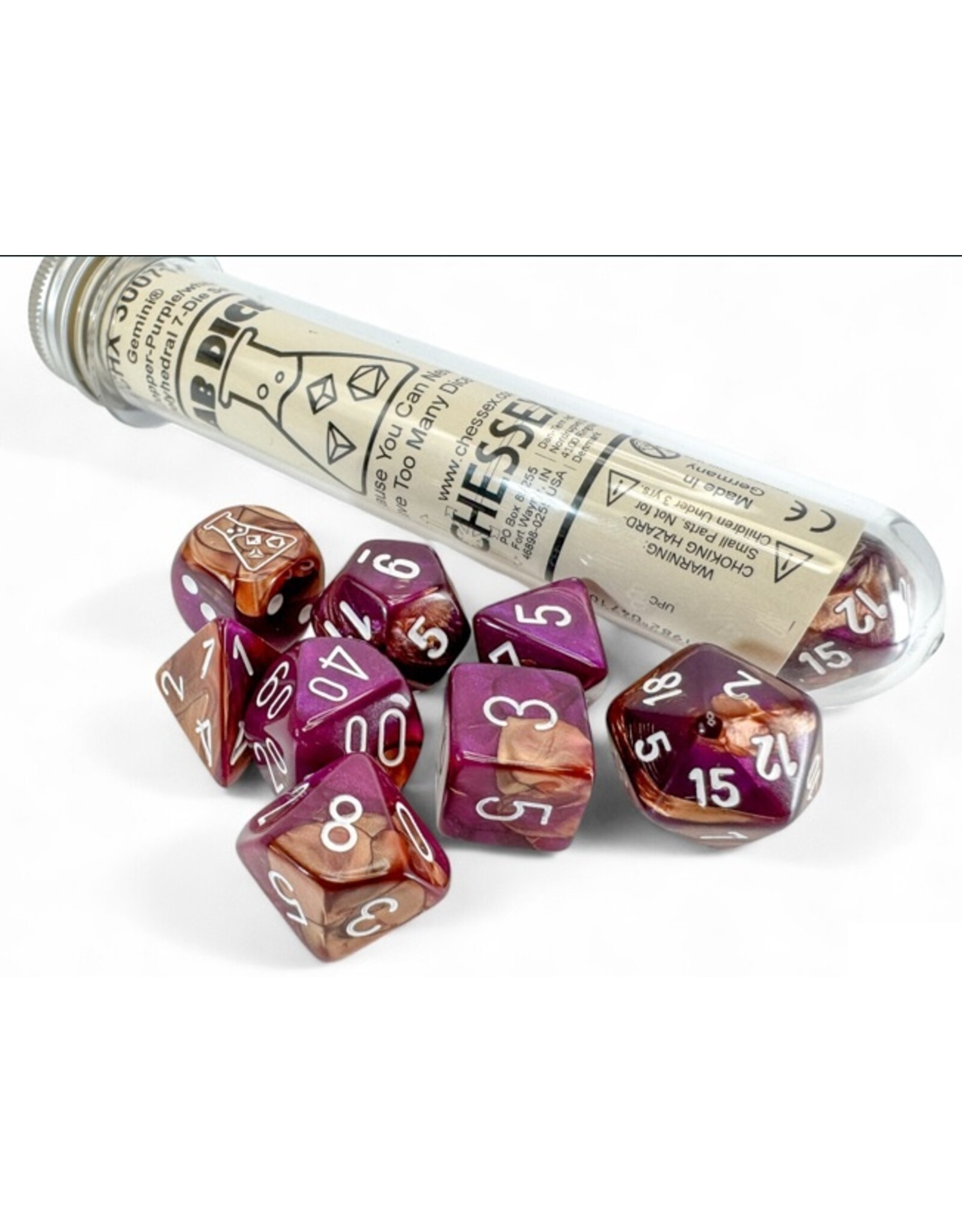 Chessex Lab Dice 9: Gemini Copper-Purple/white Polyhedral 7-Die Set (with bonus die)
