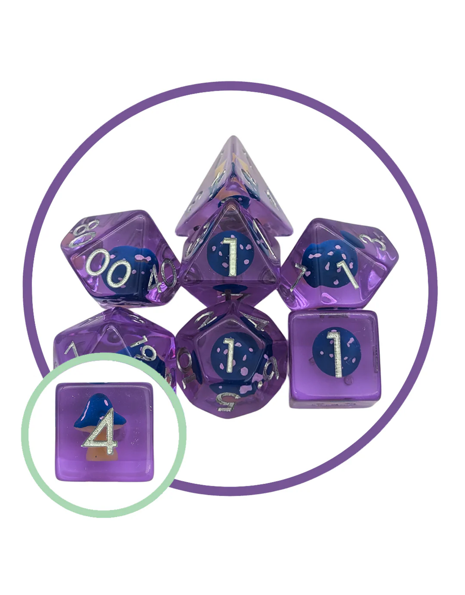 Mystery Dice Goblin Mushroom Dark Blue Cap Inclusion Dice Set