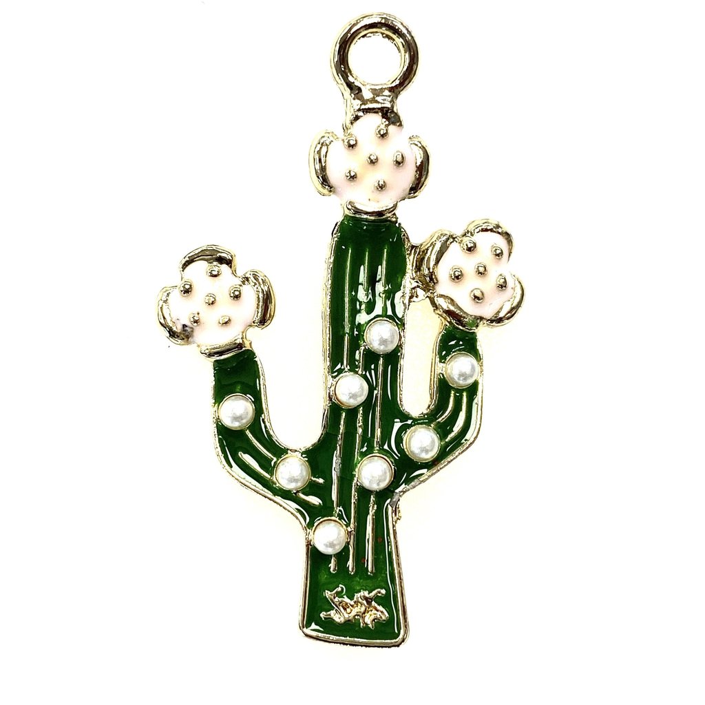 Bead World Cactus Enamel- White Pearl-  25mmx 40mm 2pcs