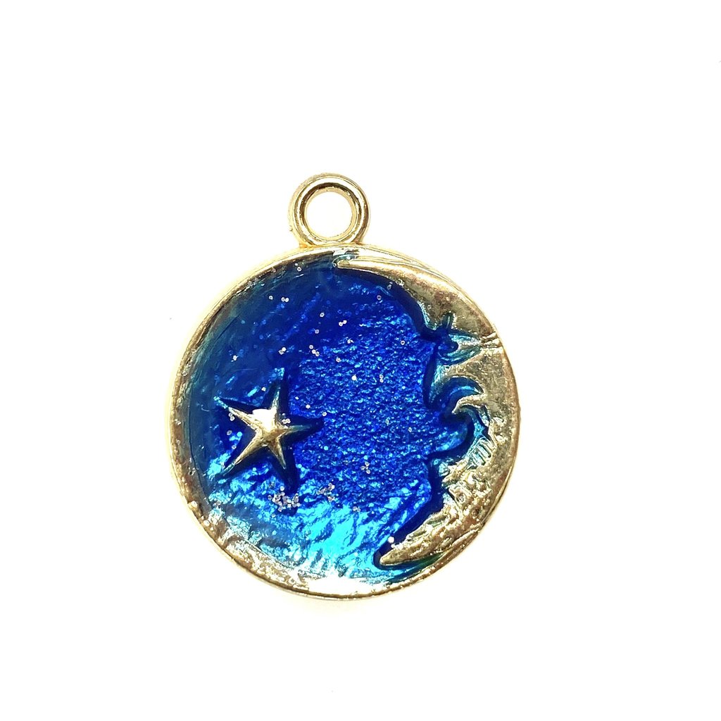 Bead World Moon and Star Sparkle Blue Enamel 24mm 2pcs