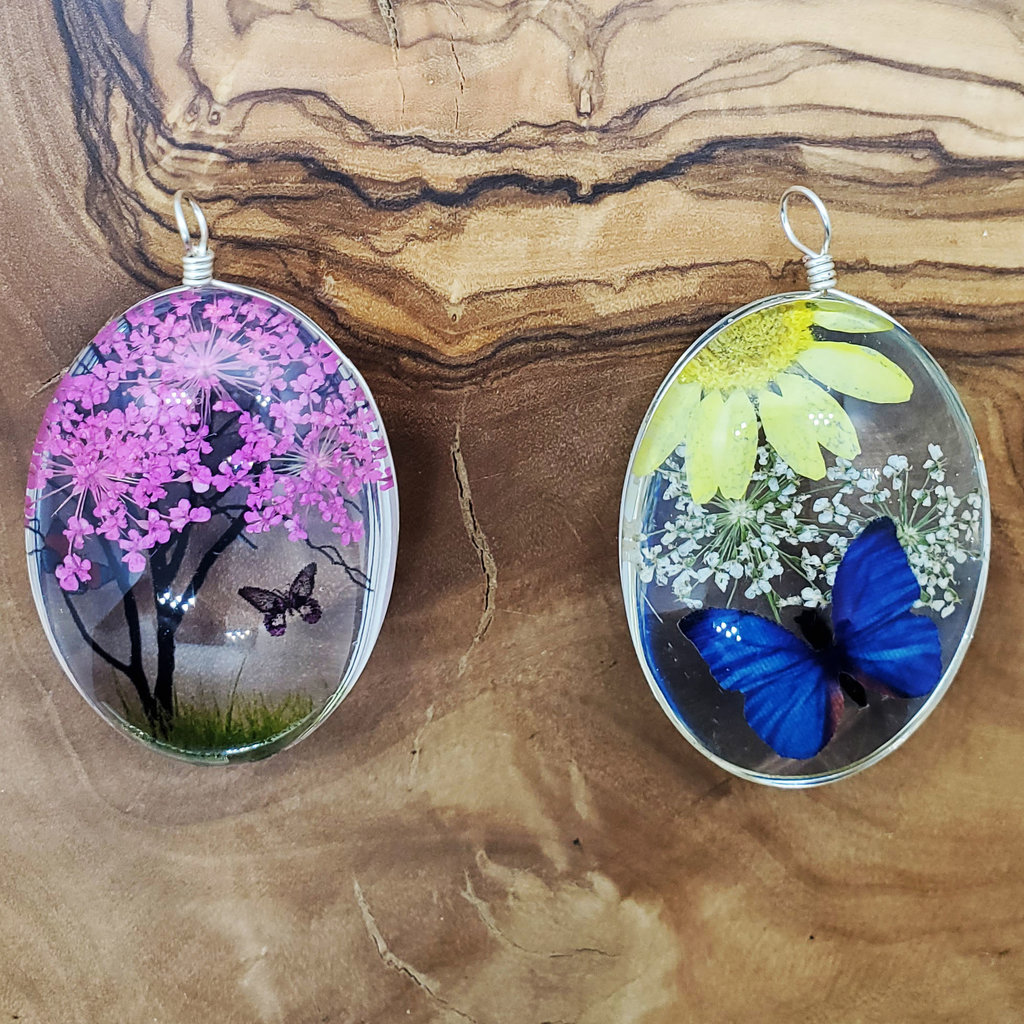 Large Dried Flower with Butterfly Pendant