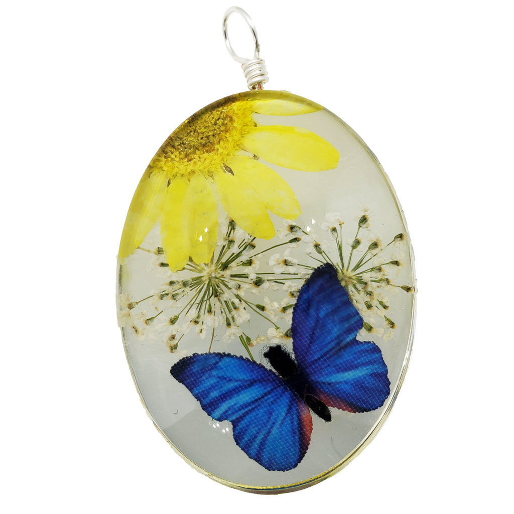 Large Dried Flower with Butterfly Pendant