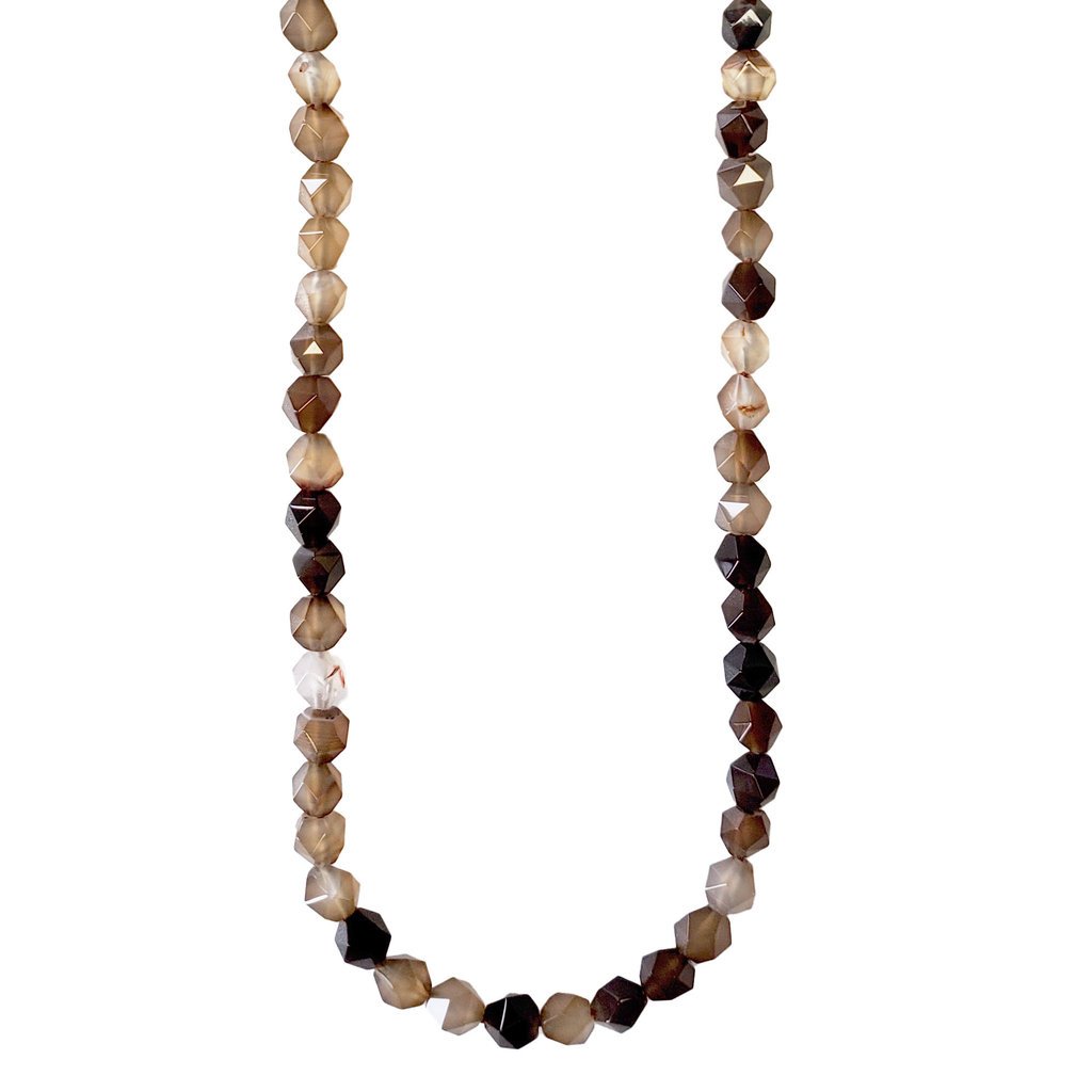 Faceted Star Cut Black and Brown Agate 16" Strand