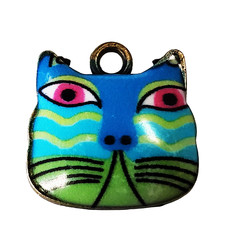 Blue and Green Cat Head Enamel Charm 17x16mm 3pcs.