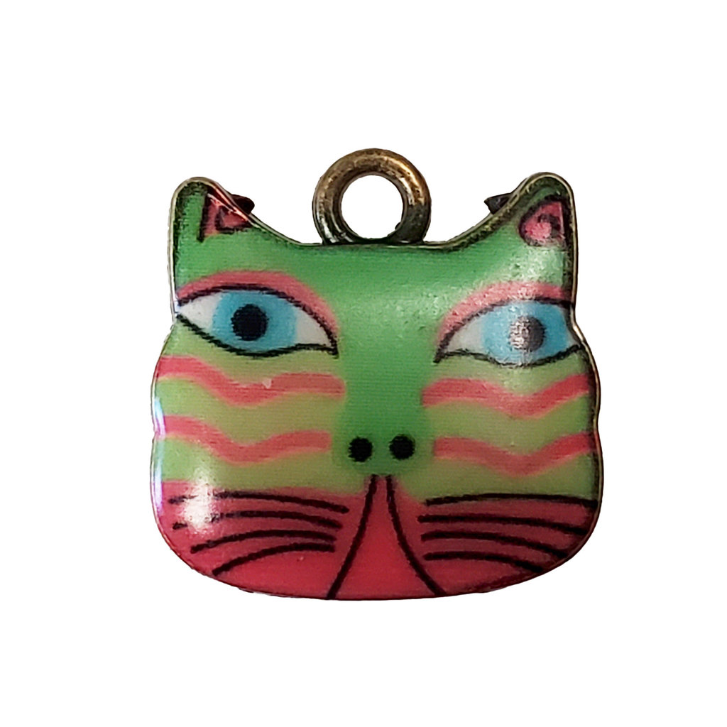 Green and Red Cat Head Enamel Charm 17x16mm 3pcs.