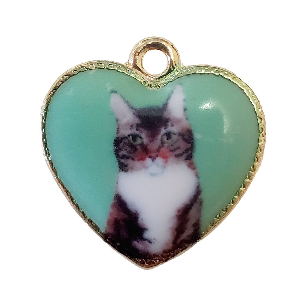 Cat in Green Heart Enamel Charm 20x20mm 3pcs.