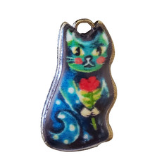 Blue and Green Cat with Rose Enamel Charm 15x27mm 3pcs.