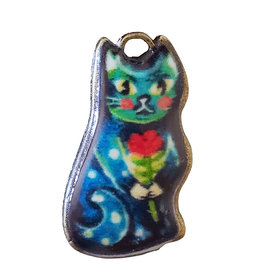 Blue and Green Cat with Rose Enamel Charm 15x27mm 3pcs.