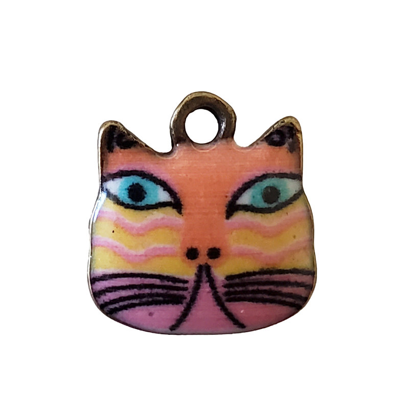 Small Orange and Pink Cat Head Enamel Charm 13x13mm 3pcs.