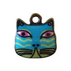 Small Blue and Green Cat Head Enamel Charm 13x13mm 3pcs.