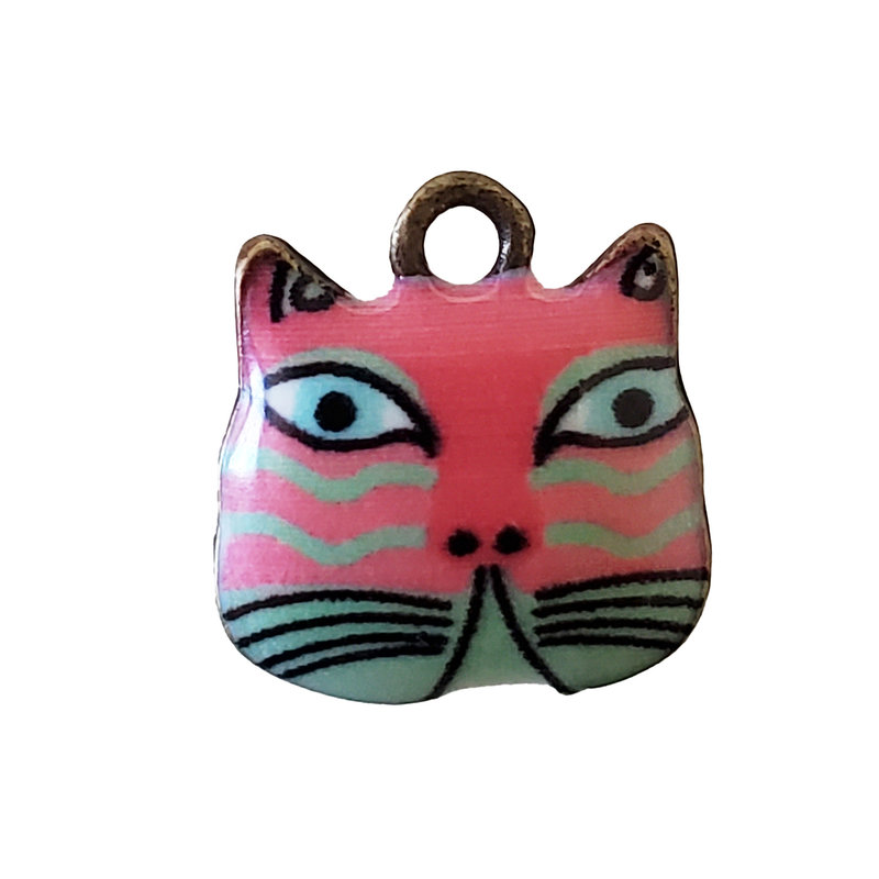 Small Pink and Green Cat Head Enamel Charm 13x13mm 3pcs.