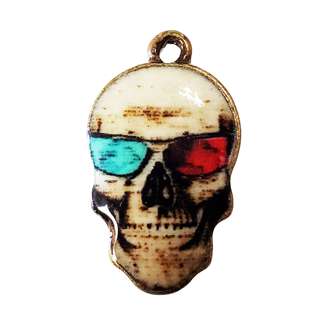 Skull with Red Blue Glasses Enamel Charm 14x23mm 3pcs.