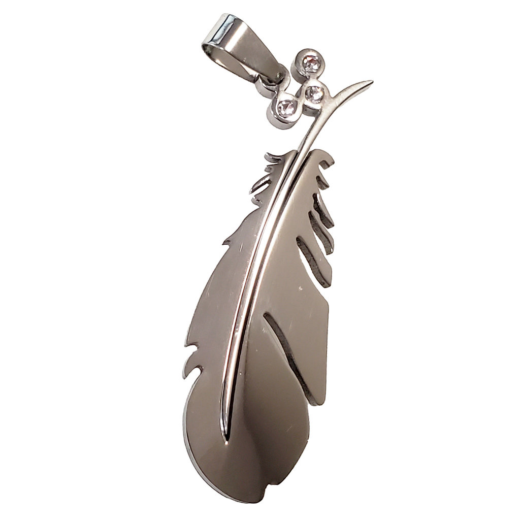 Surgical Steel Feather with Rhinestone Pendant 18x52mm